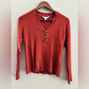 Rust Red Ribbed Sweater Top with Button Detail - Size Medium (7-9)
